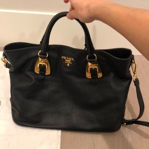 PRADA handbag black leather tote with strap